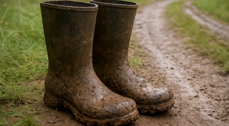 bottes boueuses posées près d'un sentier