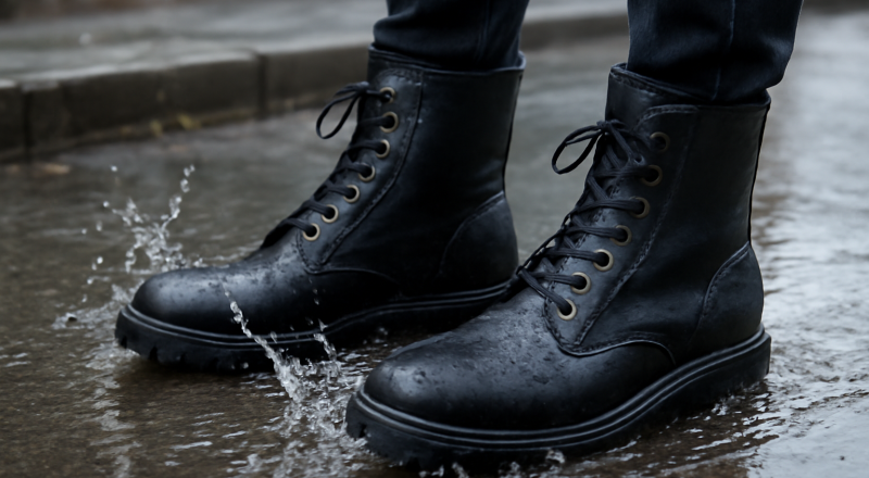 bottes montantes repoussant l'eau sur trottoir