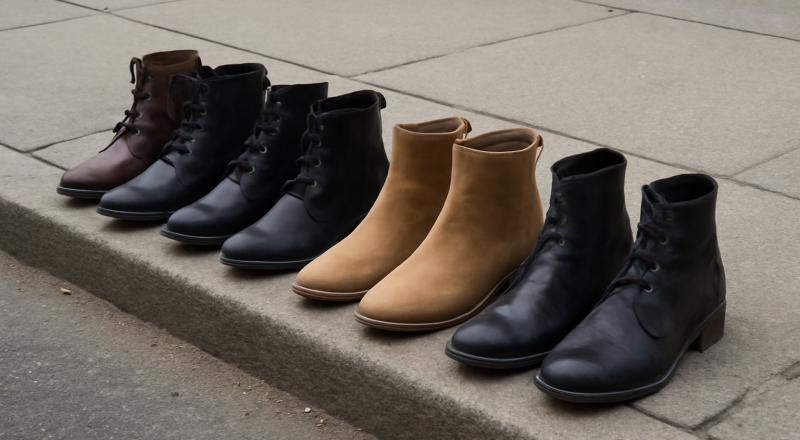 paires de bottines alignées sur trottoir
