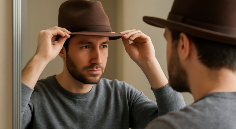 homme essayant un chapeau face à un miroir