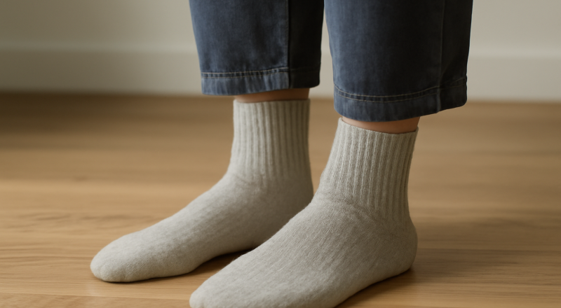 pied en chaussette visible sous pantalon raccourci