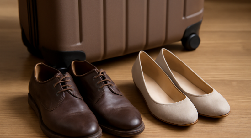 deux paires de chaussures près d'une valise