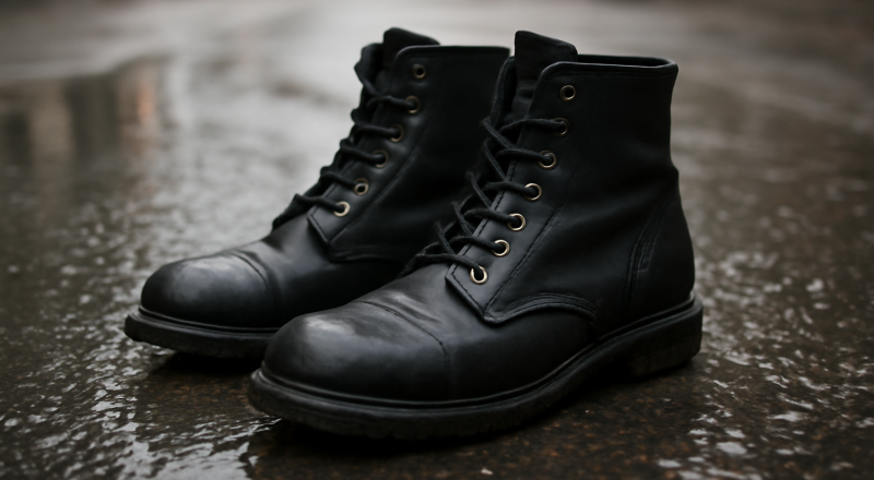 pair de bottes posées sur sol mouillé urbain