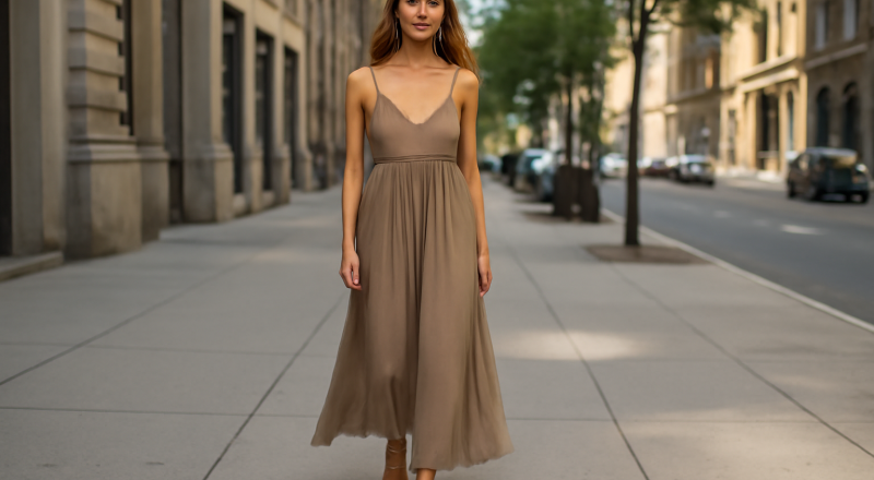 femme portant robe longue et sandales en ville
