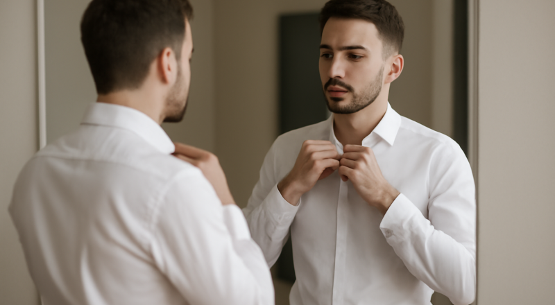homme ajustant sa chemise slim devant miroir