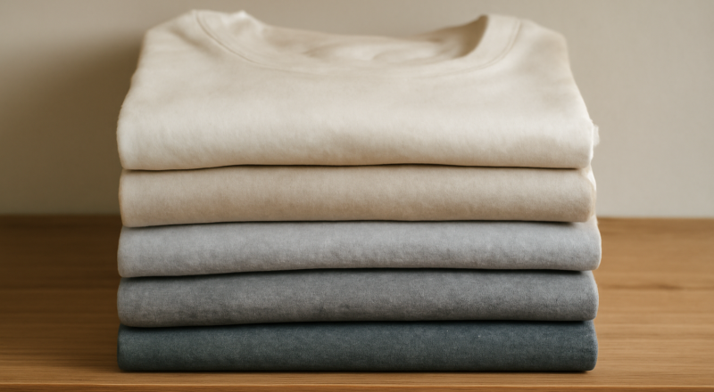 pile de t-shirts neutres pliés sur une étagère