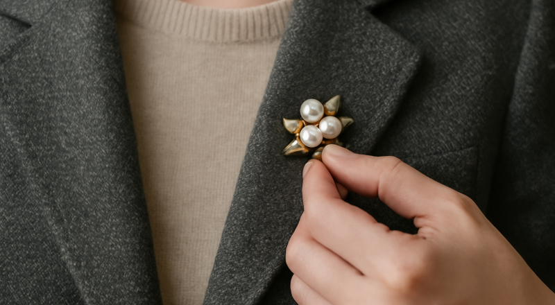 main épinglant broche sur revers de veste