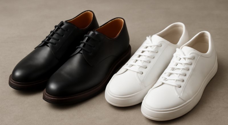 paire de derbies et baskets côte à côte