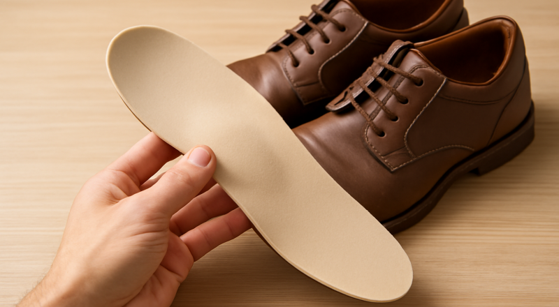 main tenant une semelle orthopédique près de chaussures