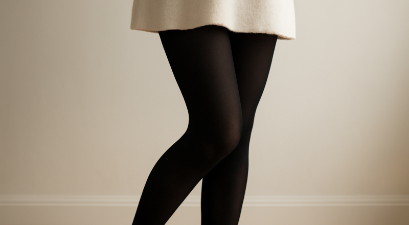 jambe vêtue de collants opaques près d'une robe
