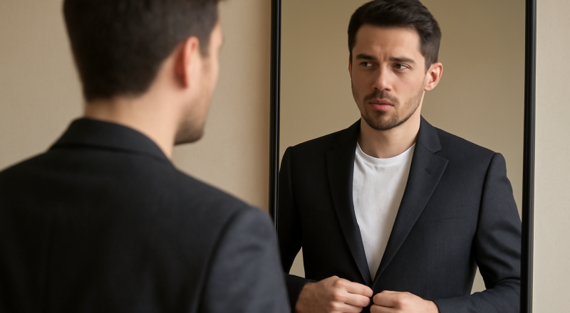 homme essayant blazer face à miroir