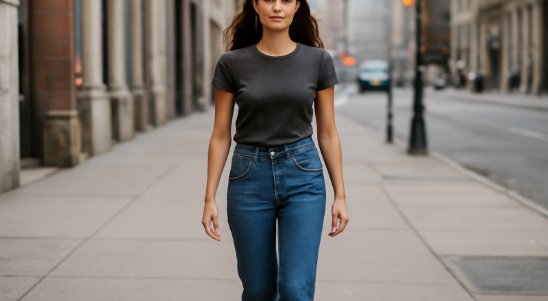 femme portant jean coupe droite en ville