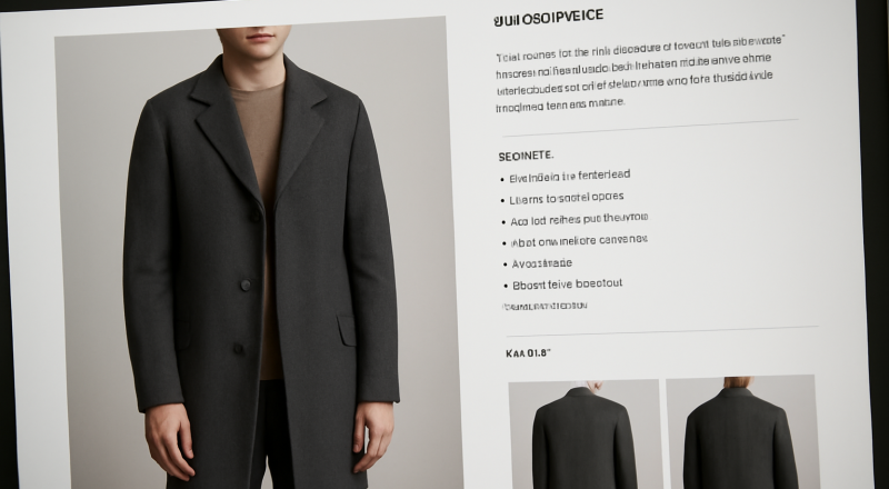 écran montrant description technique et photos d'un manteau