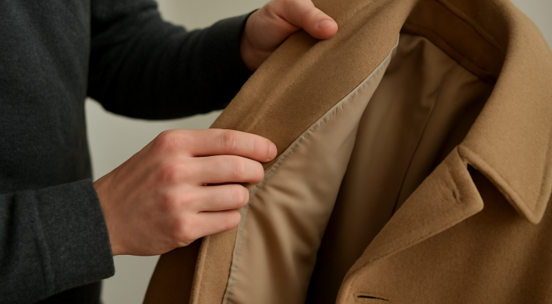 personne vérifiant couture et doublure d'un manteau