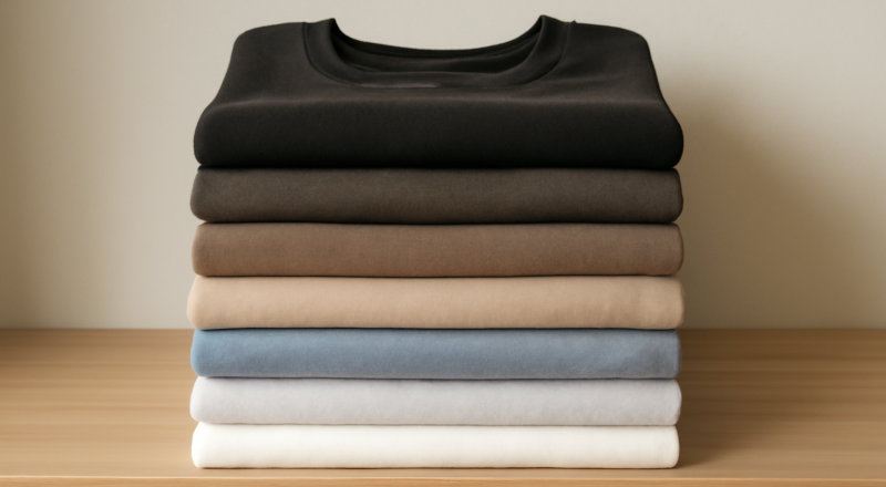 pile de t-shirts basiques pliés sur étagère