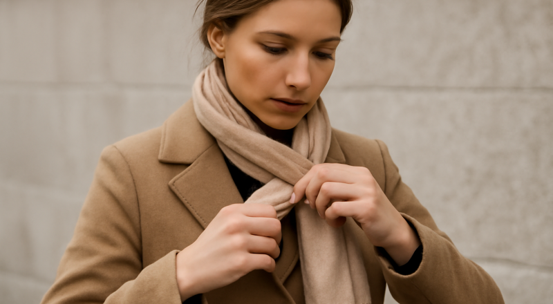 femme nouant un foulard sur un manteau