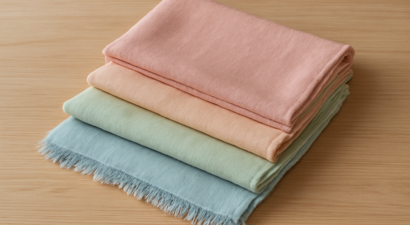 foulards pliés aux couleurs pastel sur une table