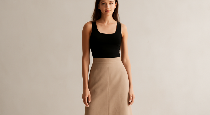 taille mannequin vêtue d'une jupe midi et top