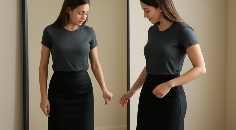 femme examinant longueur de jupe devant miroir