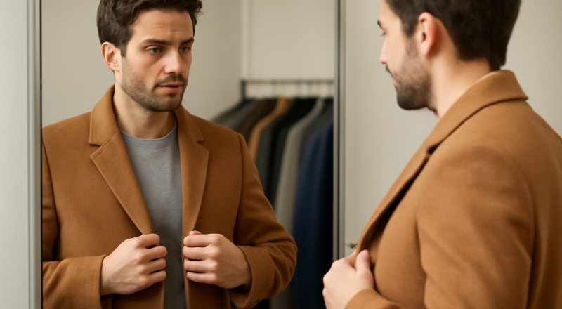 homme essayant un manteau devant miroir