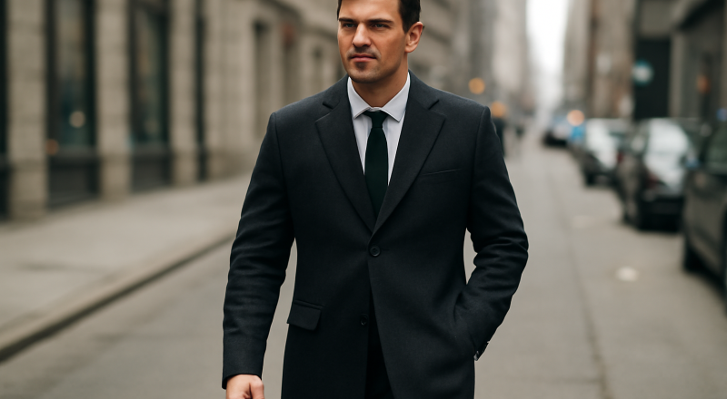 homme en manteau ajusté marchant en ville