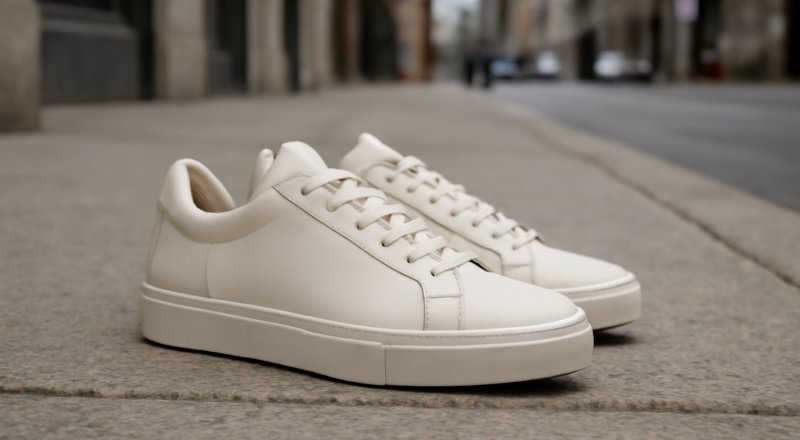 sneakers élégantes posées sur trottoir urbain