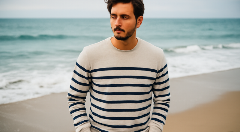 homme portant pull rayé au bord de mer