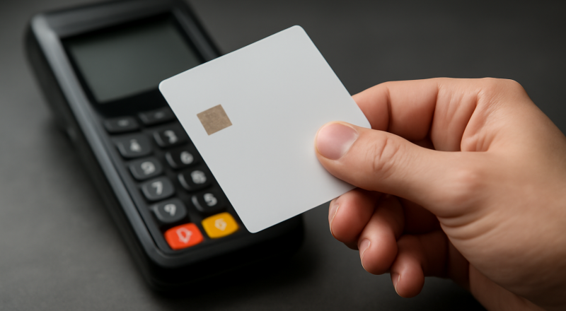 main tenant carte devant écran de paiement