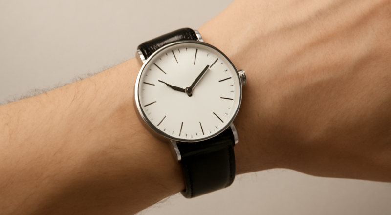 poignet portant une montre fine sur fond neutre