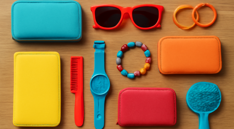 range d'accessoires colorés sur table