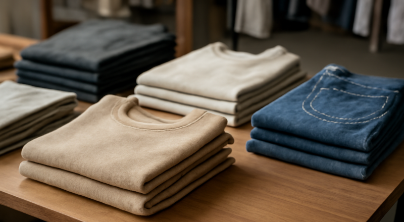 vêtements pliés sur table en boutique