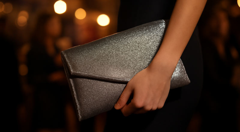 pochette brillante tenue à la main lors d'une soirée