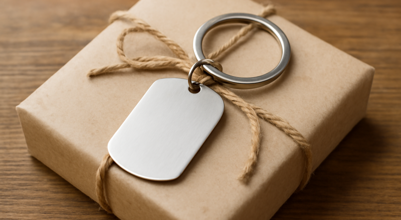 porte-clés métallique posé sur boîte cadeau