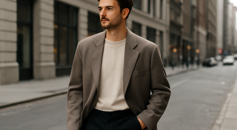 homme portant blazer ample en ville