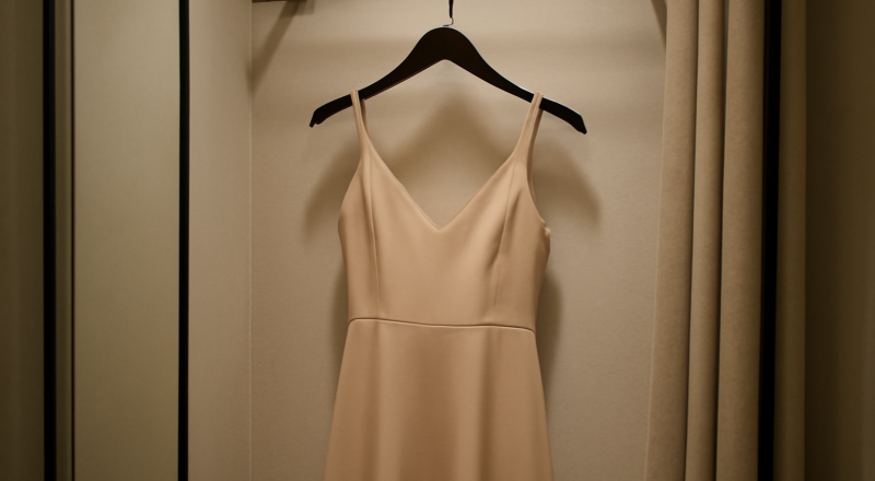 robe posée sur cintre dans loge d'essayage