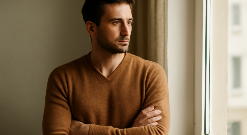 homme portant pull col V près fenêtre