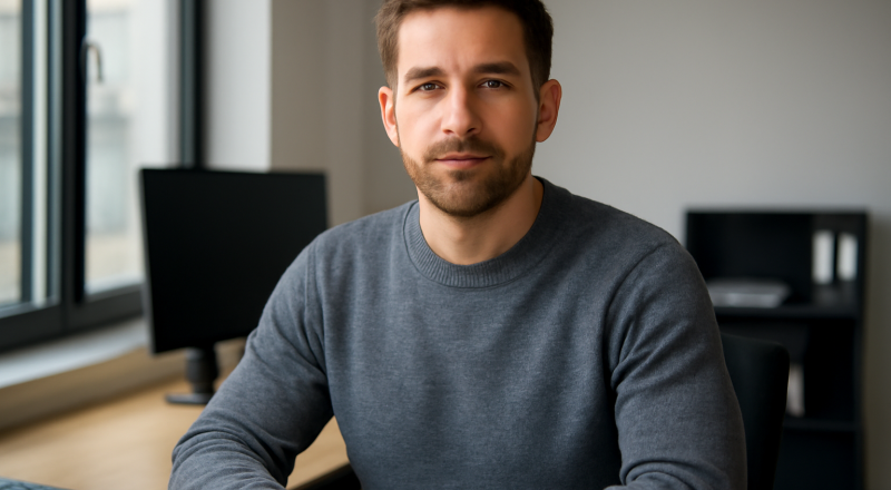 homme portant pull col rond au bureau