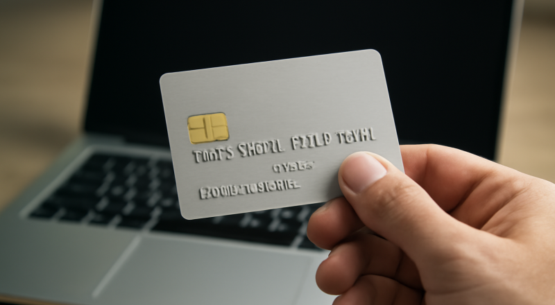 main tenant une carte bancaire devant écran ordinateur