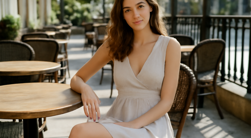 femme en robe courte assise à une terrasse