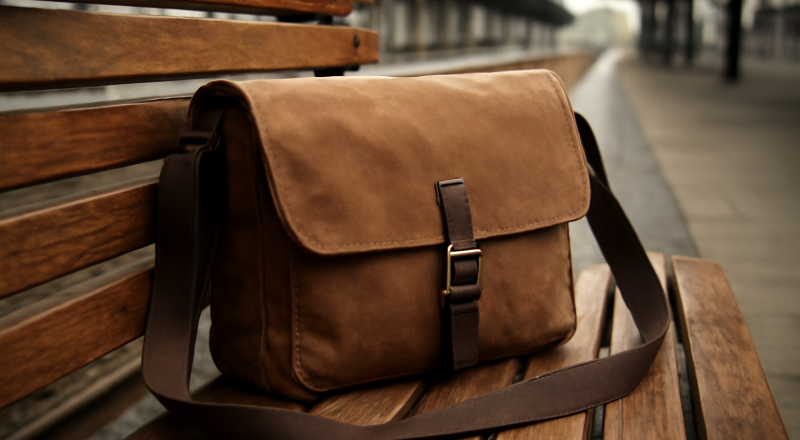sac bandoulière posé sur banc de gare
