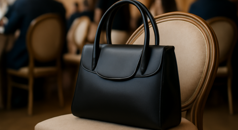 sac élégant posé sur chaise lors d'un événement