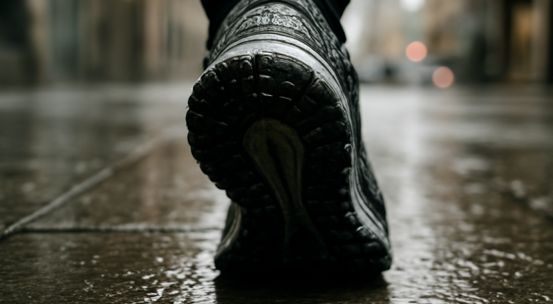 semelle de running sur trottoir urbain mouillé