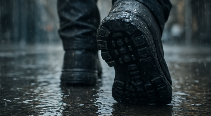 semelles de chaussures sous pluie urbaine