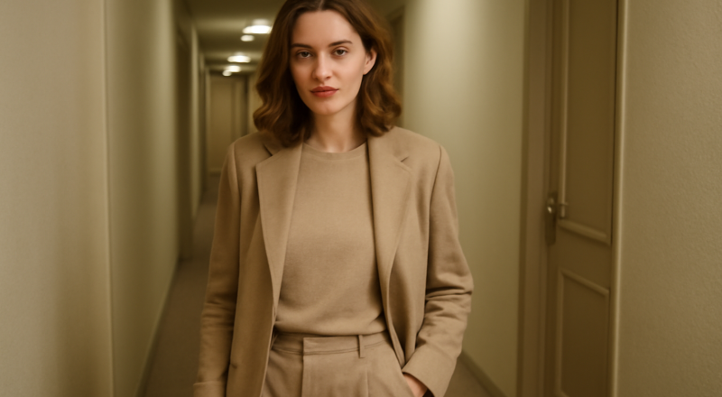 femme habillée en tons beige dans un couloir