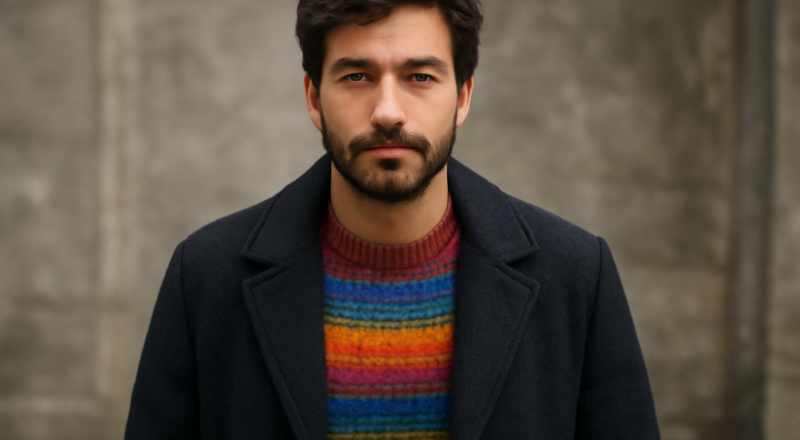 homme portant pull coloré sous manteau sombre