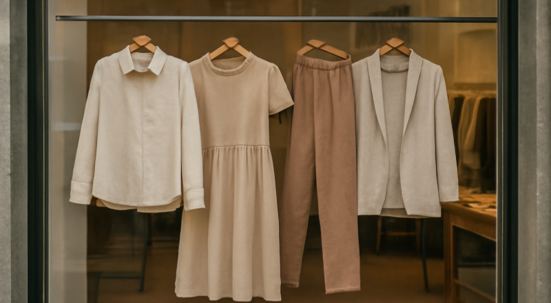vitrine d'atelier montrant vêtements suspendus