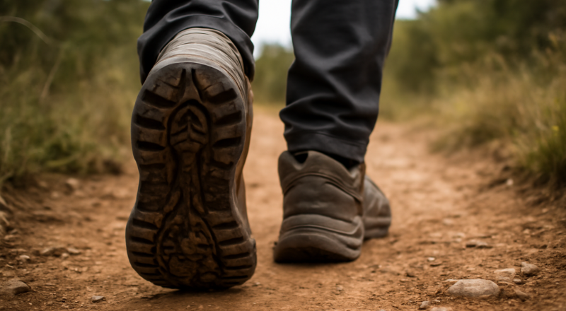 gros plan semelle chaussure en marche sur sentier