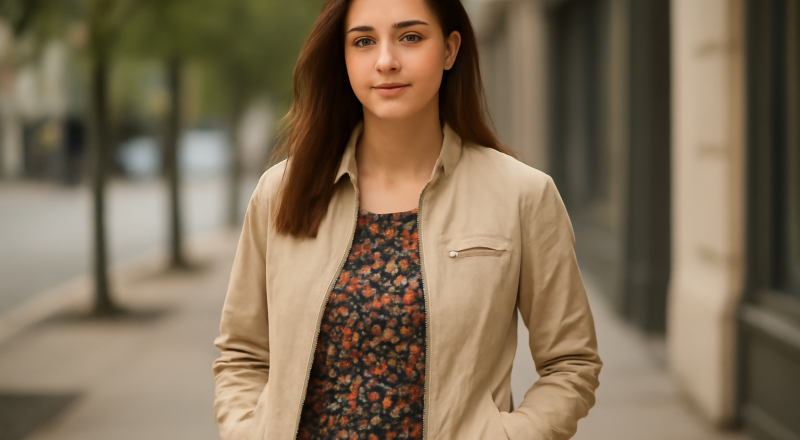 femme en veste légère sur robe fleurie