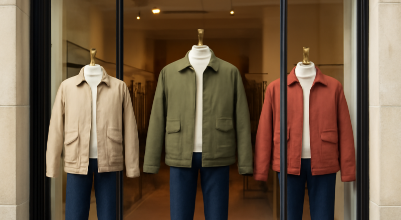 vitrine de boutique avec vestes mi-saison