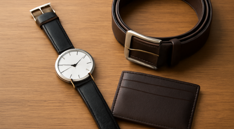 montre fine, ceinture et porte-cartes posés sur table